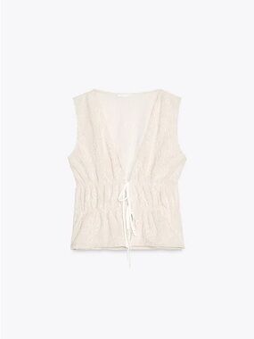 Zara Cream Embroidered Tie-Front Sleeveless Blouse
